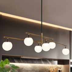 an image of a kitchen setting with lights hanging from the ceiling and potted plant on the counter