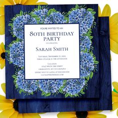 a blue and white birthday party with sunflowers