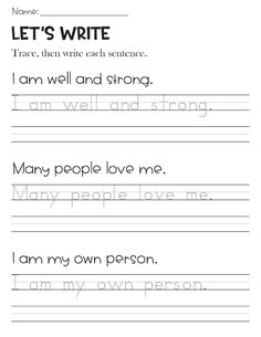 handwriting worksheet for kids with the words let's write and i am well and strong