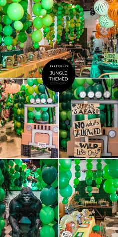 green balloons and decorations for a jungle themed birthday party