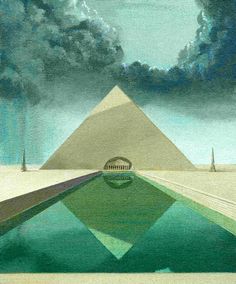 an artistic painting of the great pyramid and pool in front of it, with dark clouds overhead