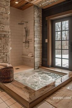 an indoor jacuzzi tub in the middle of a room