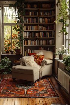 a living room filled with furniture and lots of bookshelves next to a window