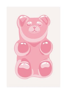 a pink teddy bear sitting on top of a white background with bubbles in the shape of hearts