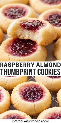 Thumbprint cookies, filled with raspberry jam. Almond Burst Cookies, Jam Thumb Print Cookies Recipes, Raspberry Jam Thumbprint Cookies, Raspberry Drop Cookies, Recipes Using Raspberry Preserves, Almond Jam Cookies, Raspberry Shortbread Cookies Recipes, Almond Shortbread Cookies With Amaretto, Jelly Filled Christmas Cookies