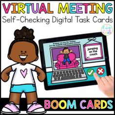 a girl holding up a digital task card with the text virtual meeting self - checking digital task cards