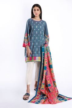 Khaadi L20226 Blue Summer Collection 2020 Pakistani Outfits, Summer Collection, Duster Coat, Kimono Top, Lawn, Spring Summer, Couture, Embroidery, The Originals