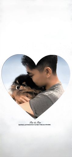 a man holding a dog in front of a heart shaped photo with the caption love is here