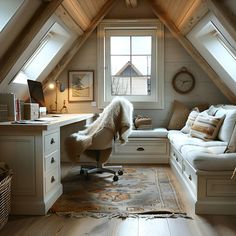 A serene attic home office blending rustic charm with modern comfort. Features white oak flooring, natural light from skylights, a cozy corner sofa with a soft fur throw, and a desk perfect for productivity. Earthy tones and farmhouse chic decor, including vintage clocks and wooden beams, create an inviting atmosphere. Enjoy stunning outdoor views from a window seat. Home Office Ideas Attic, Attic Lounge Room, Cozy Attic Office, Attic Furniture, Tiny Office With Window, Attic Homeschool Room, Attic Hang Out Space, House Interior Office, Loft Spaces Upstairs Office