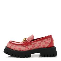 This is an authentic pair of GUCCI GG Supreme Monogram Cordovan Lux Womens Harald Horsebit 25mm Platform Loafers size 36 in Beige and Hibiscus Red. These unique shoes are crafted of Gucci's monogram coated canvas in beige and red. They feature red leather trim, gold-toned hardware horsebits across the vamps, and chunky black rubber soles. Hibiscus Red, Gucci Monogram, Platform Loafers, Unique Shoes, The Vamps, Black Rubber, Leather Trim, Leather Trims, Red Leather