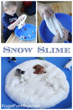 snow slime is an easy winter activity for toddlers to play with and learn how to make it