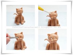 four pictures of a toy cat being cut with scissors