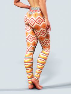 "If you are looking for the activewear that sucks in your tummy, supports every move, smooths your imperfections - look no further. Booty Sculpted designs its high-performance sportswear after carefully considering all your curves and shapes. Our Aztec Printed leggings are one of a kind with a mixture of colorful geometric patterns. There's a strong visual slimming effect. Why our products? - UV protection UPF 50+ ; - Shaping cut that lifts the booty; - Move smoothly with our all-way stretch fab Colorful Sportswear, Orange Tights, Designer Leggings, Gym Apparel, Activewear Print, Pants High Waisted, Latex Leggings, Pattern Leggings, Legging Outfits