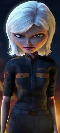 an animated woman with white hair and blue eyes standing in front of a dark background