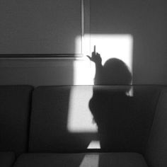 a black and white photo of a cat sitting on a couch with the shadow of it's head