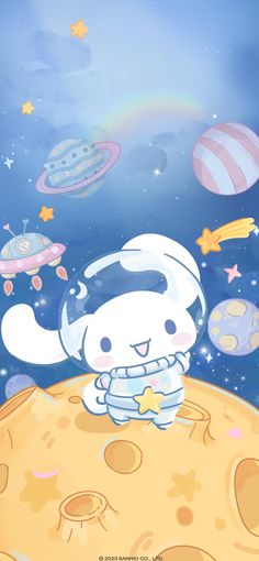 hello kitty is sitting on the moon in outer space with other stars and planets around her