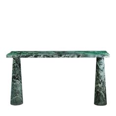 a green marble console table with two columns on the top and one column at the bottom