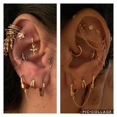 two pictures of different types of ear piercings and chains on the side of their ears