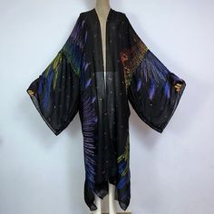 One Size fits S-4X Length: 58 inches Material: Linen Gauze (Thin, light, and semi sheer.) One Size Fits Most Size Chart Loose Long Dress, Linen Kimono, Linen Gauze, Sky Black, Black Kimono, New Africa, Long Kimono, Feather Print, Boho Maxi