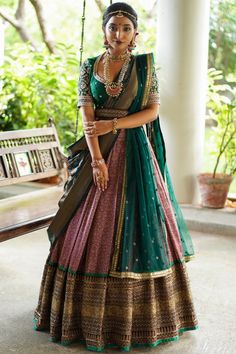 Bridal Saree Lehenga, Wedding Half Saree Bridal Lehenga, Indian Godbharai Outfit, Reception Traditional Look, Double Saree Lehenga, Silk Saree Into Lehenga, Half Saree Lehenga Green, South Indian Silk Lehenga, South Indian Bride Half Saree