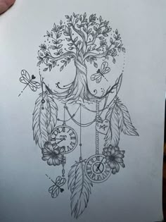 a drawing of a tree with clocks and flowers on it's face, in the shape of a dream catcher