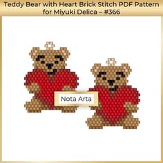 Beaded Teddy Bear with Heart brick stitch Valentine's day PDF pattern for Miyuki delica 11/0, #366  PDF file includes: - A bead legend (color and numbers of beads needed) - A large, detailed, numbered graph of the pattern (grid). Dimensions (inches): 1.13in x 1.38in Dimensions (centimeters): 2.887cm x 3.51cm Colors: 8 This pdf pattern intend for users that have experience with peyote/brick stitch and the pattern itself. It does not include instructions how to do this stitch. This pattern is for personal use only.  Do not share, sell or copy these patterns.  You can sell your finished items made using our patterns. Nota Arta Team