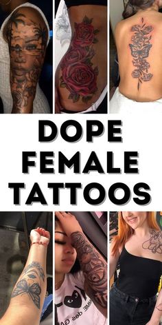 many different tattoos on the back of women's bodies and arms are shown in this collage