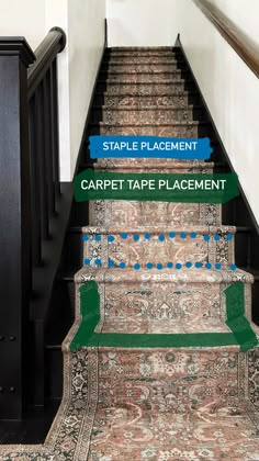 the carpeted stairs are labeled with different types of carpets and how to use them