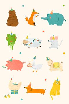 an illustration of various animals with birthday hats on their heads and tails, all in different colors