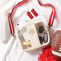 bone clear stadium crossbody bag with red gameday props Clear Stadium Crossbody Bag, Clear Stadium Bags Diy, Clear Purses For Football Games, College Wishlist, Clear Stadium Bag, Stadium Bag, Clear Purses, Sporting Event, Marley Lilly