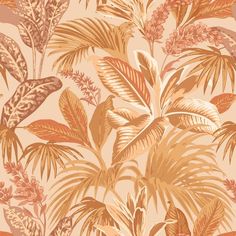 an orange and pink wallpaper with lots of leaves