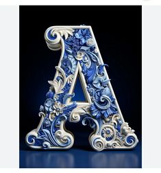 the letter a is decorated with blue and white flowers