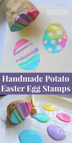 homemade handmade potato easter egg stamps for kids to paint on the paper and decorate