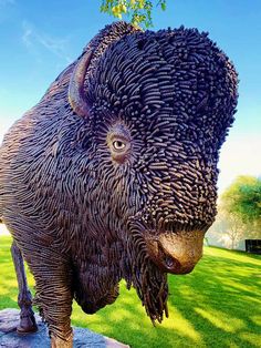 a sculpture of an animal made out of leaves on the grass in front of a park