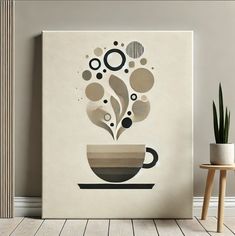 a coffee cup with steam coming out of it on a white wall next to a potted plant