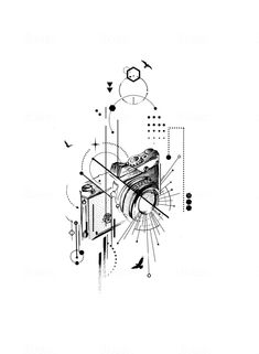 an abstract drawing of a camera and its parts in black and white on a white background