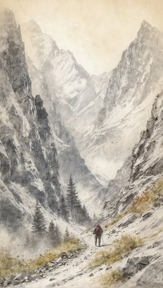 a painting of two people walking up a snowy mountain trail with mountains in the background