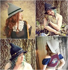 four different pictures of women wearing hats and dresses with cats on their backs, one woman holding a cat while the other holds a kitten in her lap