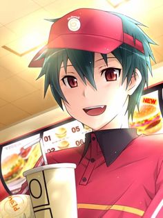 an anime character with green hair and red shirt holding a cup in front of him