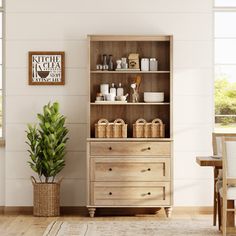 a wooden cabinet sitting next to a potted plant in a living room filled with furniture