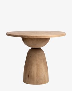 a wooden table with a circular top on it's pedestals, against a white background