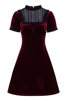 Burgundy stretch velvet mini dress Black lace panel on chest with black frill along chest and neckline Short sleeves with gathering at the shoulder & lace frill on cuffs 3 black decorative buttons on bust Fitted over bust, flares from waist Keyhole on back of neck Fabric content: 95% Polyester 5% Elastane Machine washable, do not tumble dry, wash seperately Fit advice: Fabric has slight stretch, stick to sizing guide for bust,waist & hip. If in-between sizes, choose the size down Length of skirt from back seam is 61cm for size Small, length gradually increases per size View this post on Instagram A post shared by Pink House Boutique (@pinkhouseboutique) Vampire Dress, Caroline Dress, Burgundy Velvet Dress, Burgundy Velvet, Flare Mini Dress, Lace Dress Black, Mini Velvet Dress, Stretch Velvet