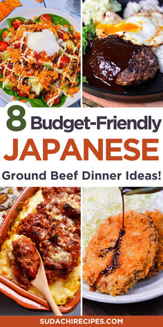 Four Japanese dinner photos featuring taco salad, hamburger steak with egg, curry rice gratin, and crispy katsu with sauce, showcasing quick ground beef recipes for easy weeknight meals