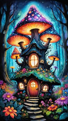 a painting of a mushroom house in the woods