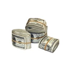 three stacks of one hundred dollar bills wrapped in brown paper