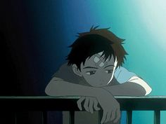 an animated image of a boy leaning on a railing with his arms folded over his head