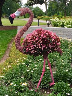 a pink flamingo standing in the middle of flowers