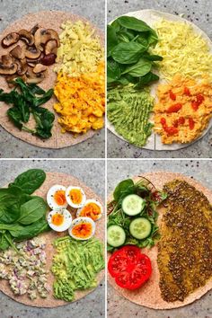 four different pictures of food on top of each other, including eggs and spinach