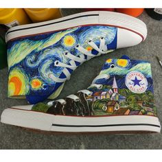 Starry Night Custom Converse All Stars Hand Painted Converse All فنسنت فان جوخ, Painted Converse, Baskets Converse, Skirt Diy, Painted Sneakers, The Starry Night, Hand Painted Shoes, Swag Shoes