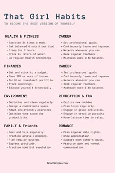 That Girl Habits curated by Leonne of @gradsimple to change your life and become the best version of yourself. It's the small habits - not the extreme, big ones that make the biggest difference in your life. Consistency and persistence is key. By incorporating these micro habits into your routine, you'll gradually become better each day and eventually, you'll become THAT GIRL.   Subscribe to GradSimple to follow Leonne, get free resources, tips, and practical advice to be that girl.   #GradSimple #ThatGirl #DailyHabits #GirlBoss #SelfImprovement That Girl Habits Aesthetic, How To Become Motivated, It Girl Habits, How To Be It Girl, That Girl Habits, How To Be An It Girl, Being That Girl, Be That Girl, Becoming That Girl
